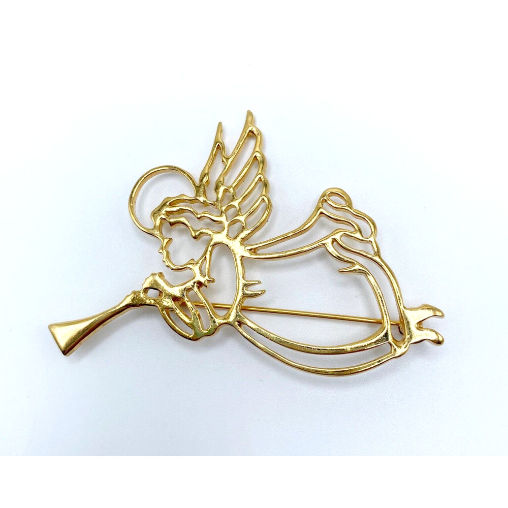 Vintage Avon Angel Brooch Pin Gold Tone Trumpet Christmas Holiday Spiritual 1998